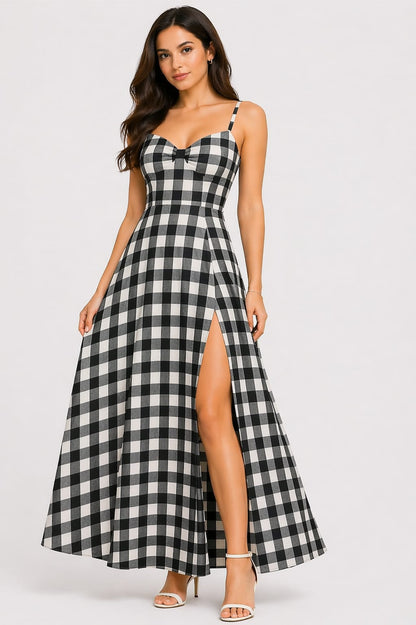 Black & White Gingham Side Slit Maxi Dress for Women – Sleeveless Checkered Party Dress