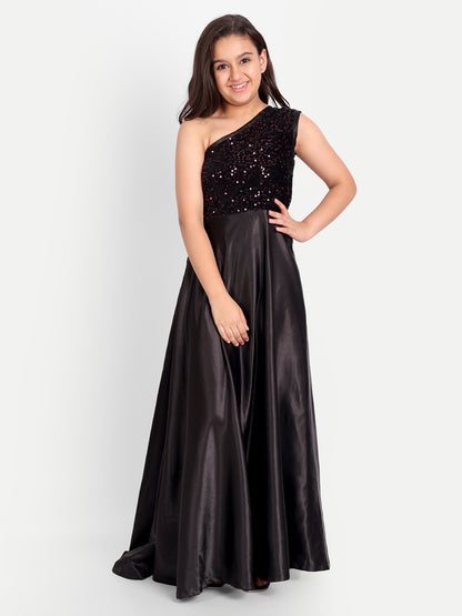 Girls Black One-Shoulder Sequin Party Gown
