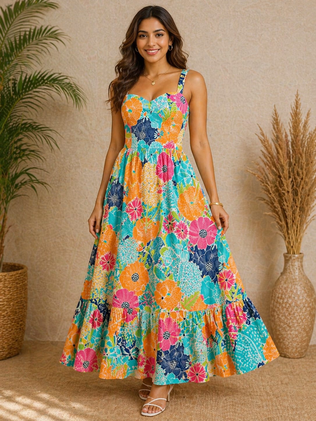Multicolor Floral Printed Tiered Maxi Dress for Women – Sleeveless Summer Vacation Dress