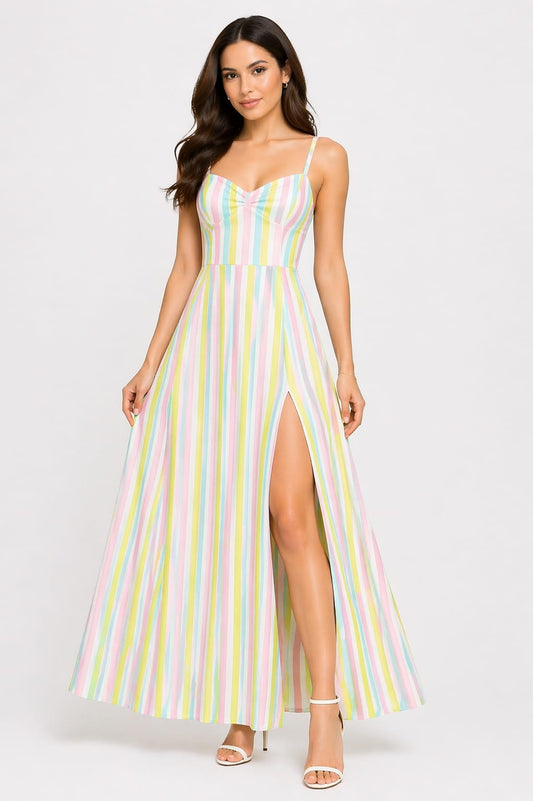 Pastel Rainbow Stripe Side Slit Maxi Dress for Women – Sleeveless Summer Party Dress