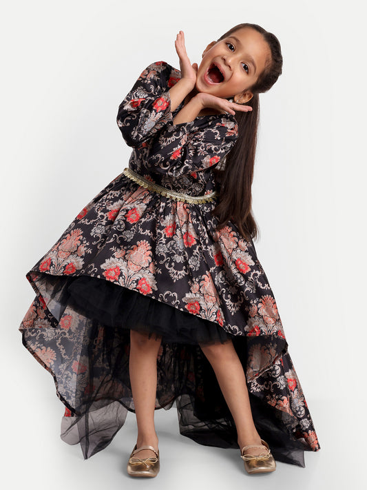 Black Floral High-Low Party Gown for Girls with Full Sleeves