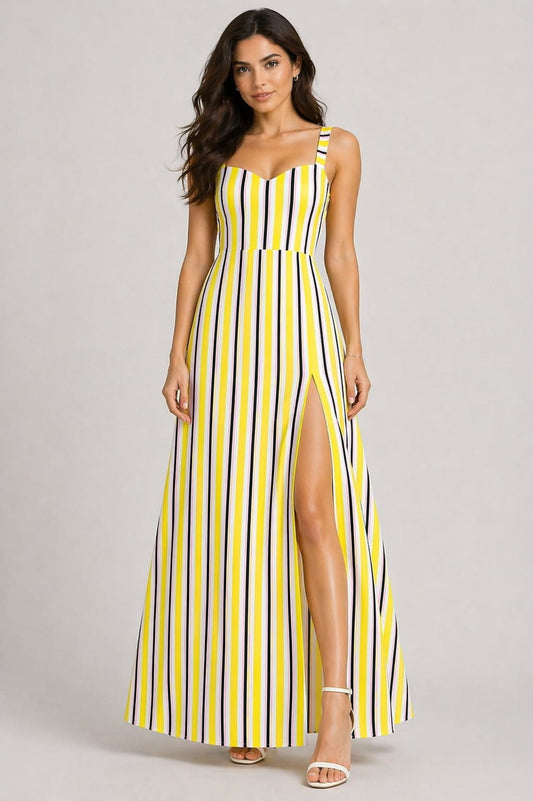 Chic Yellow Striped Maxi Dress with High Slit