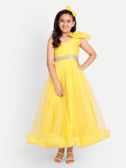 Sunny Yellow One-Shoulder Princess Gown for Girls with Net Flare
