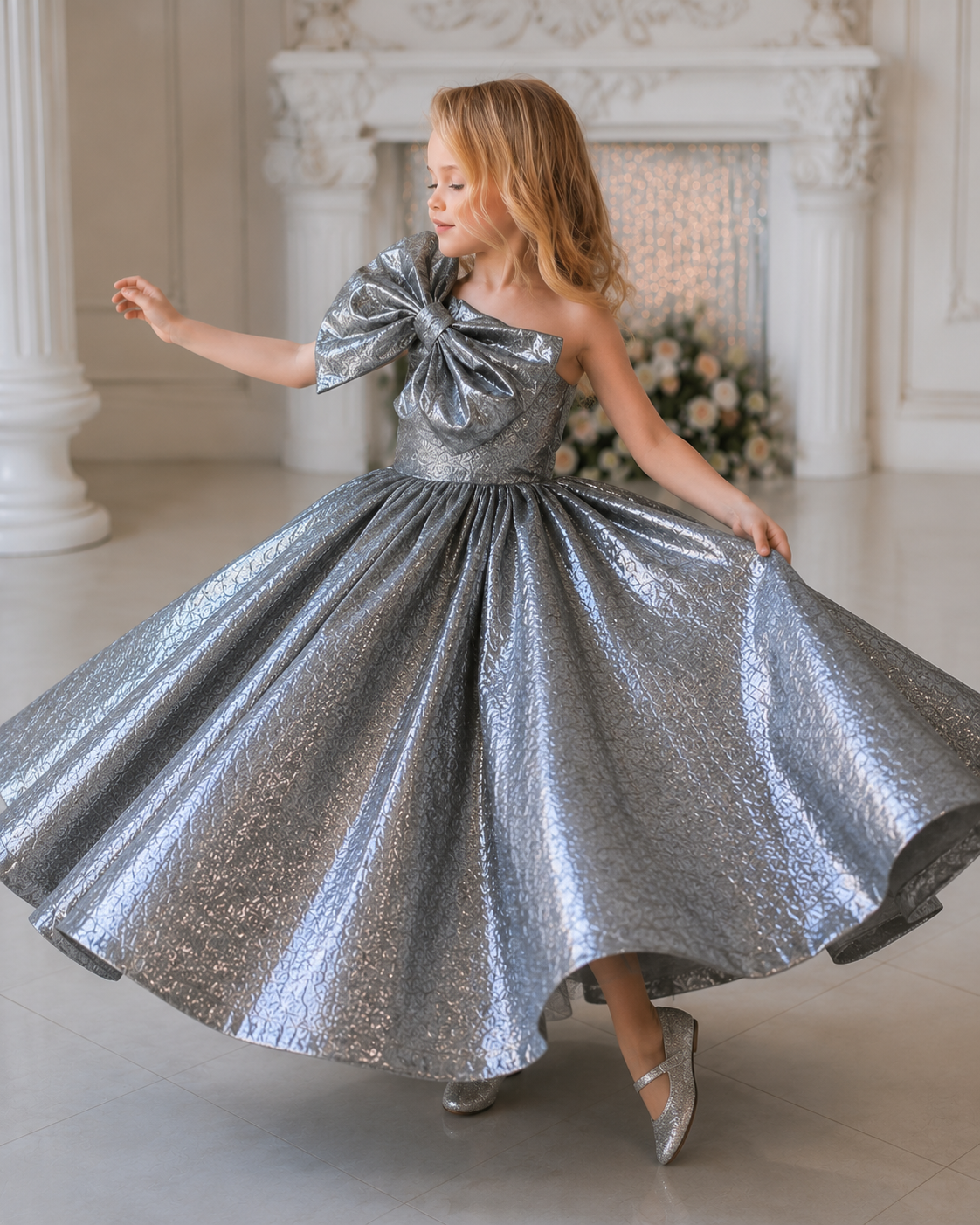 Platinum Pearl One-Shoulder Bow Princess Ball Gown