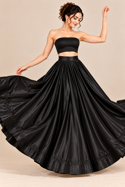 Women’s Black Glass Satin Flared Maxi Skirt | High-Waist Pleated Full-Length Party Wear Skirt