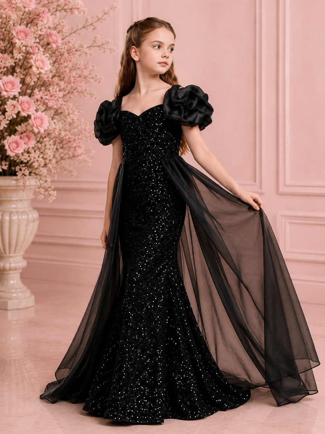 Midnight Noir Sequin Mermaid Gown with Detachable Organza Cape