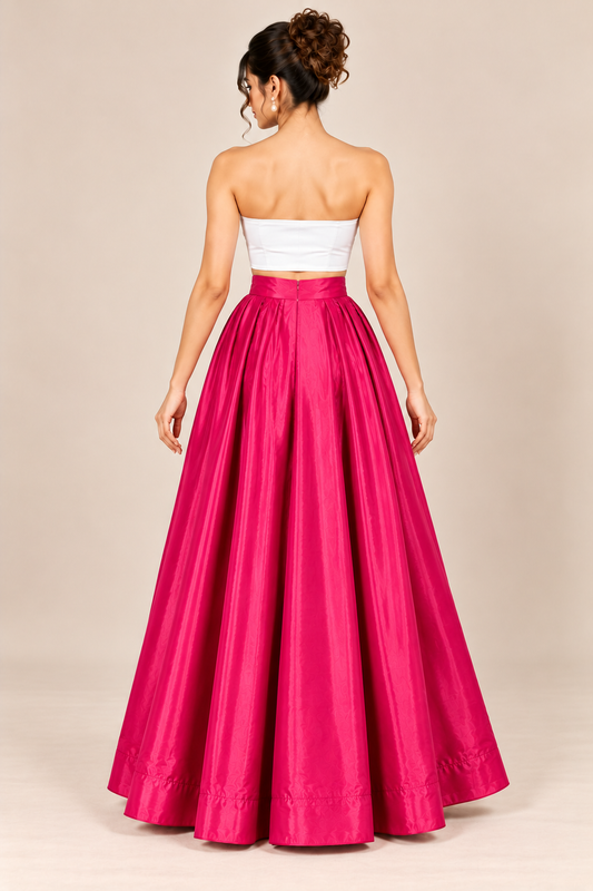 Women’s Hot Pink Glass Satin Flared Maxi Skirt | High-Waist Pleated Full-Length Party Wear Skirt