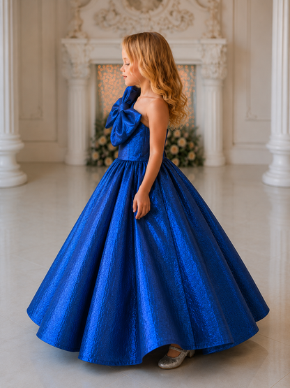Sapphire Grace One-Shoulder Bow Twirl Party Dress
