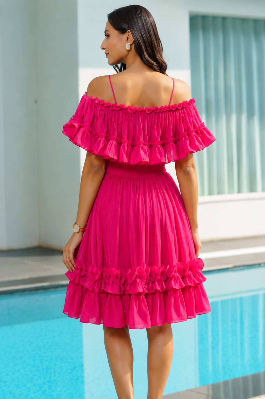 Fuchsia Bloom Off-Shoulder Pleated Midi Dress for Women