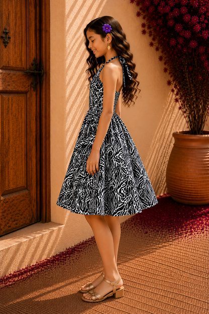 Girls Black &amp; White Printed Sleeveless Halter Neck Fit &amp; Flare Dress