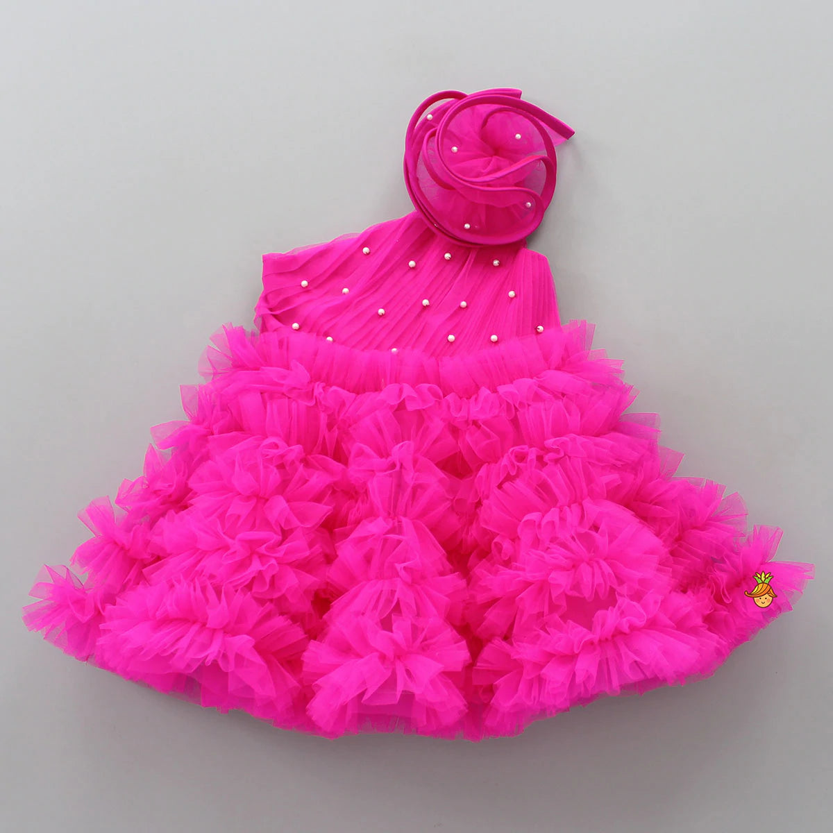 Hot Pink One-Shoulder Ruffle Princess Gown for Girls with Matching Hat