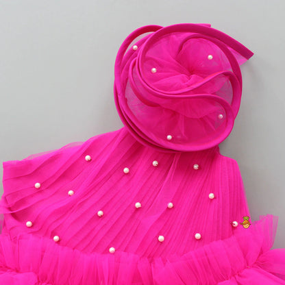 Hot Pink One-Shoulder Ruffle Princess Gown for Girls with Matching Hat