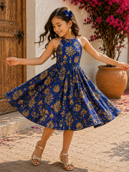 Metallic Gold Pattern Cotton Frock for Girls | Deep Blue Dress