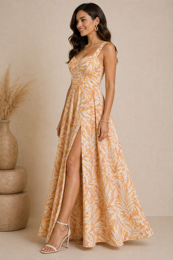 Elegant Peach Tropical Print Maxi Dress with High Slit