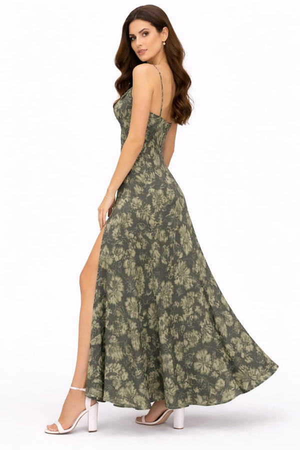 Women’s Olive Green Floral Print Maxi Dress with High Slit