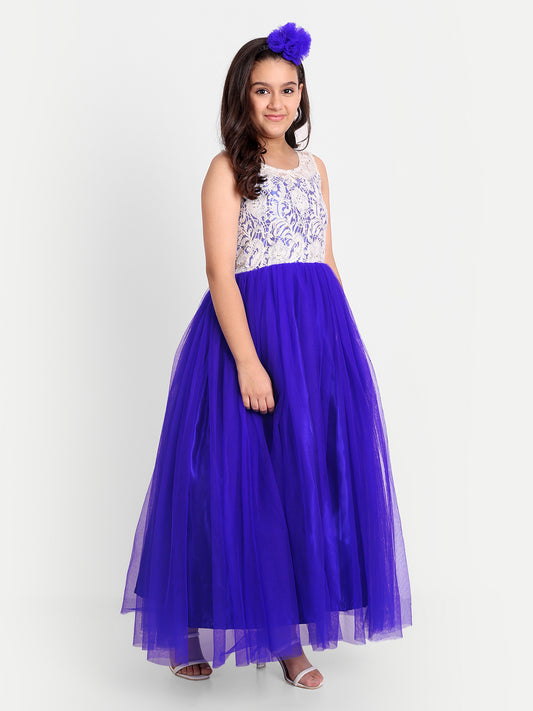 Royal Purple Party Wear Gown for Girls with Lace Embroidery