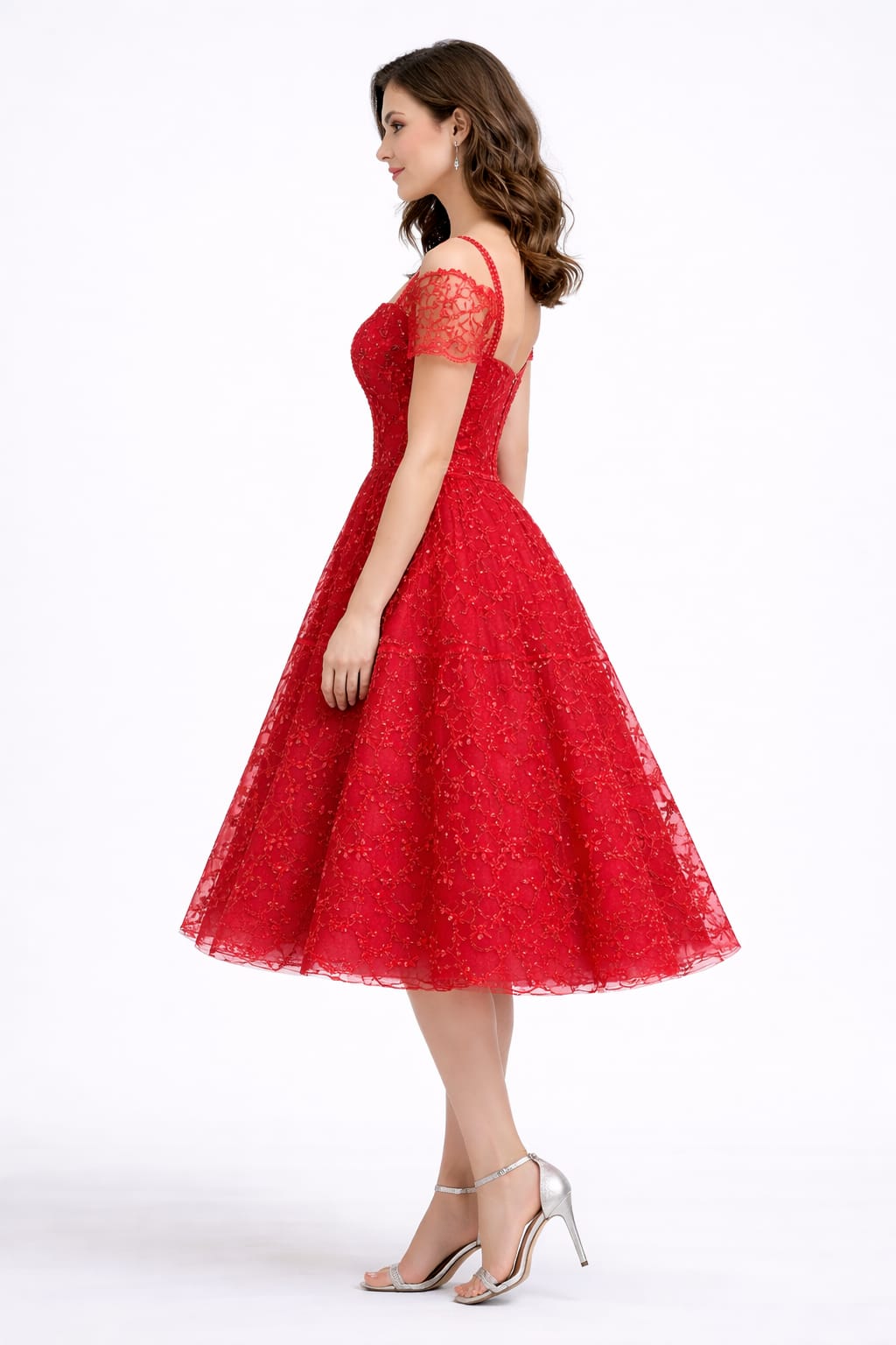 Elegant Women Floral Embroidered Net Fit & Flare Midi Dress – Party & Occasion Wear Red