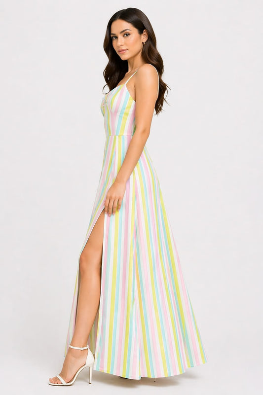 Pastel Rainbow Stripe Side Slit Maxi Dress for Women – Sleeveless Summer Party Dress