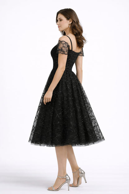 Elegant Women Floral Embroidered Net Fit & Flare Midi Dress – Party & Occasion Wear Black