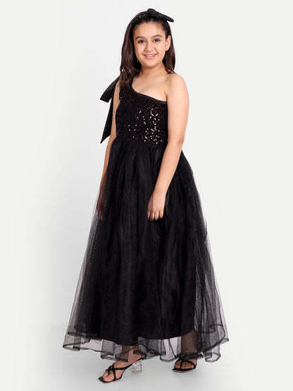 Elegant Black One-Shoulder Sequin Party Gown for Girls