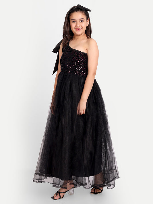 Elegant Black One-Shoulder Sequin Party Gown for Girls