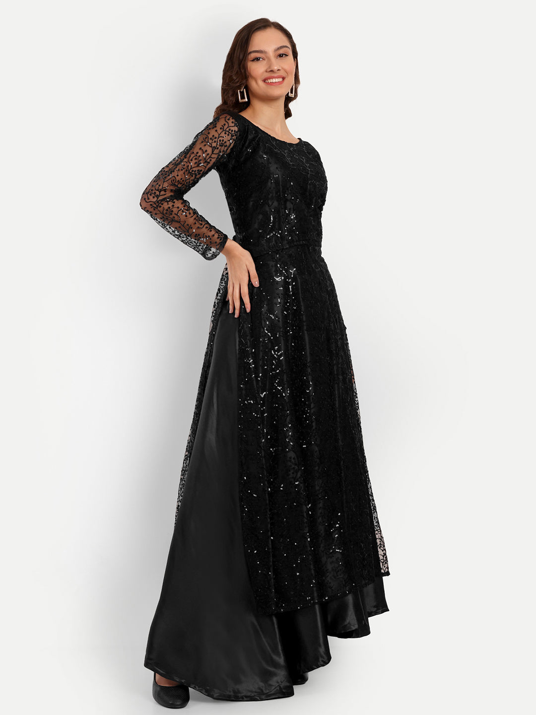 Midnight Black Sequin Designer Flared Gown for Women