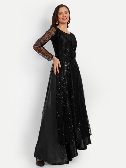 Midnight Black Sequin Designer Flared Gown for Women