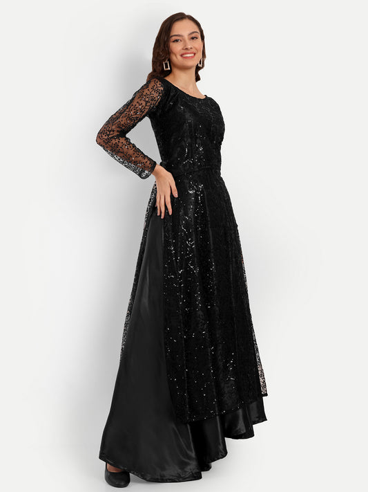 Midnight Black Sequin Designer Flared Gown for Women