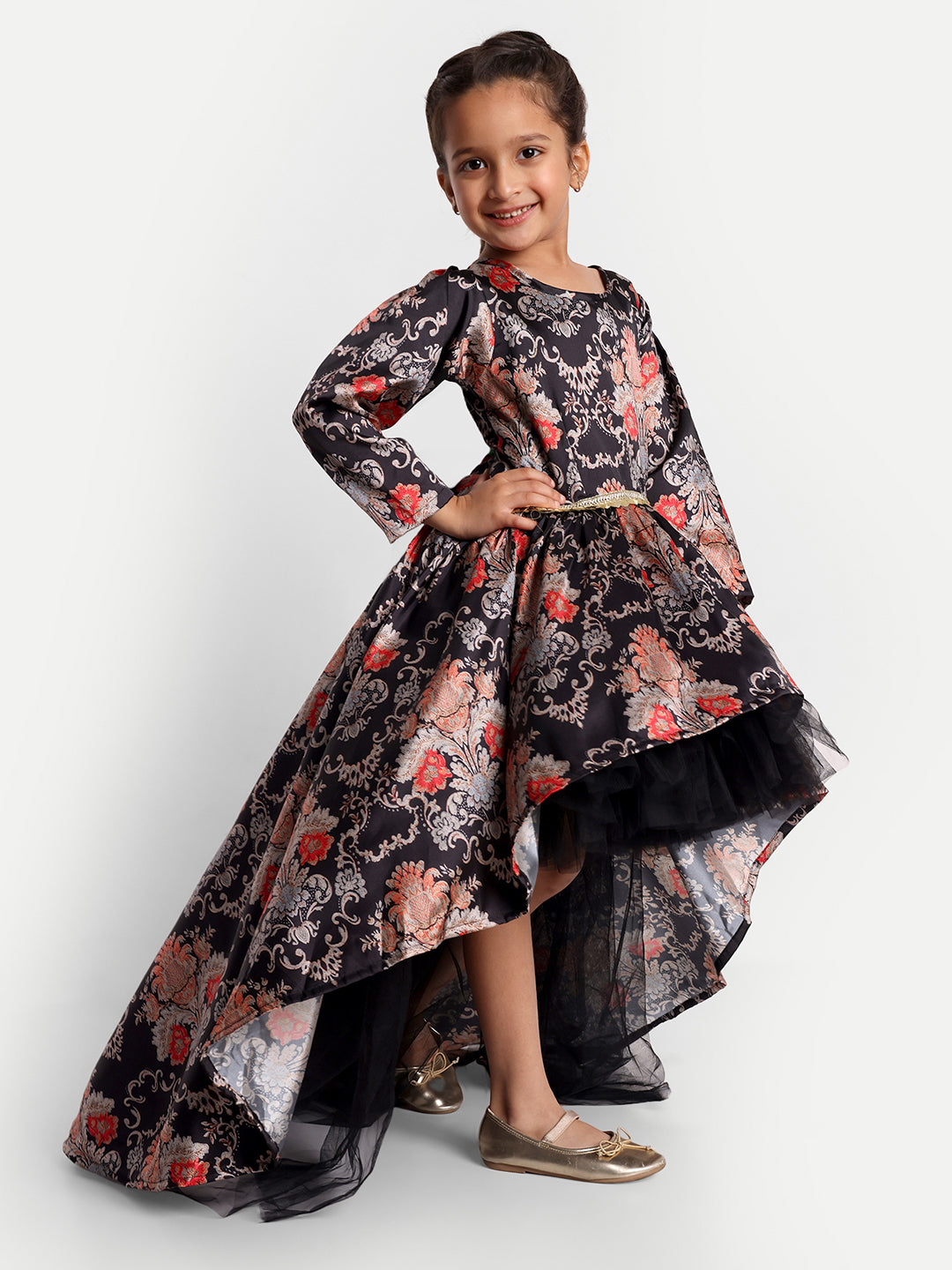Girls Floral High-Low Satin Fit & Flare Dress – Party Wear