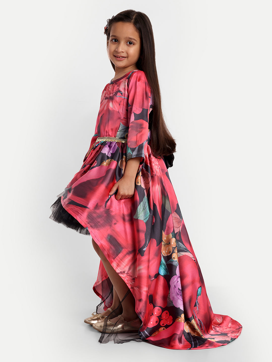 Girls Floral Print High-Low Designer Party Gown