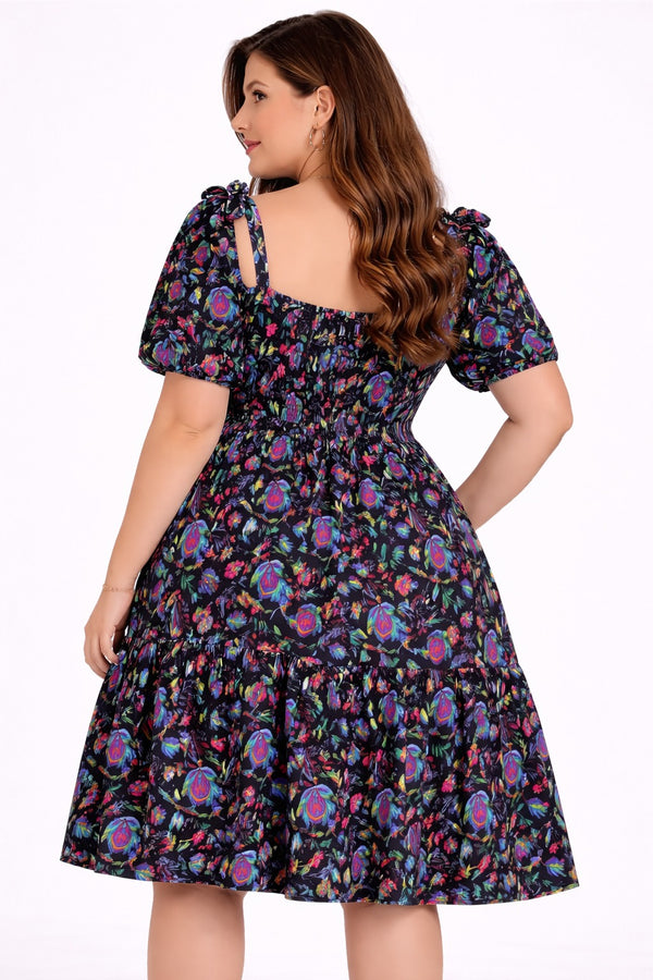 Black Floral Print Smocked Fit & Flare Dress for Women – Puff Sleeve Casual Party Dress