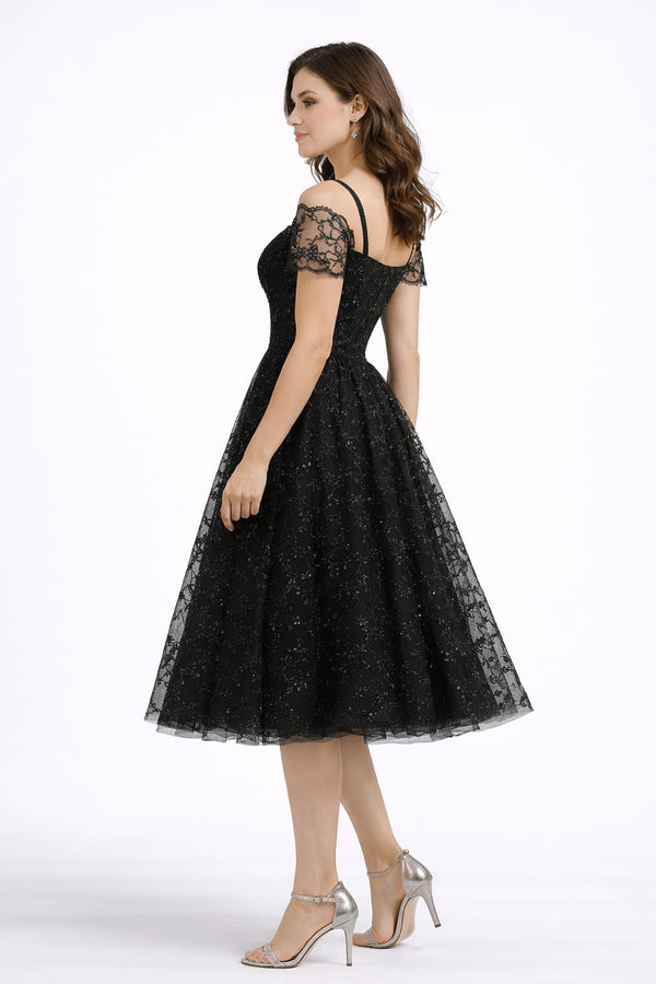 Elegant Black Embroidered Off-Shoulder Tulle Midi Dress for Women – Party & Evening Wear