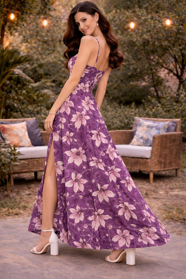 Women’s Purple Floral Print Maxi Dress with High Slit