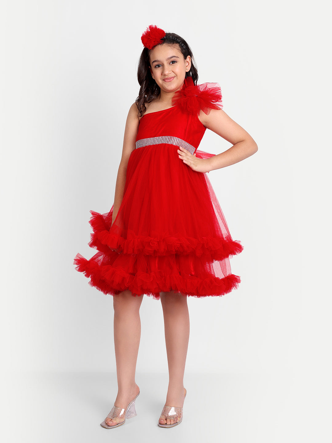 Girls Red One-Shoulder Frill Party Dress