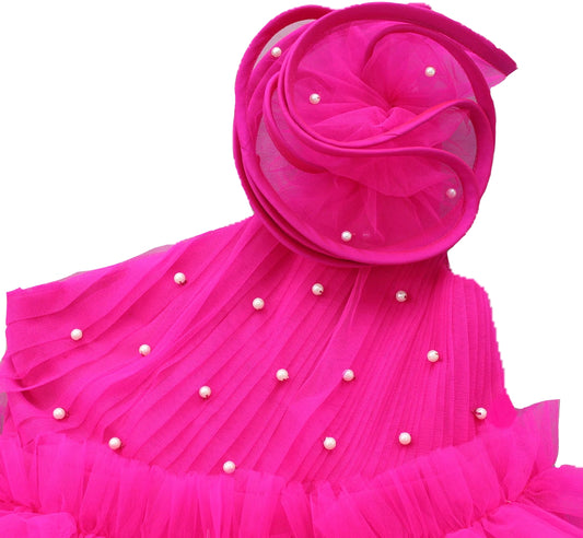 Hot Pink One-Shoulder Ruffle Princess Gown for Girls with Matching Hat