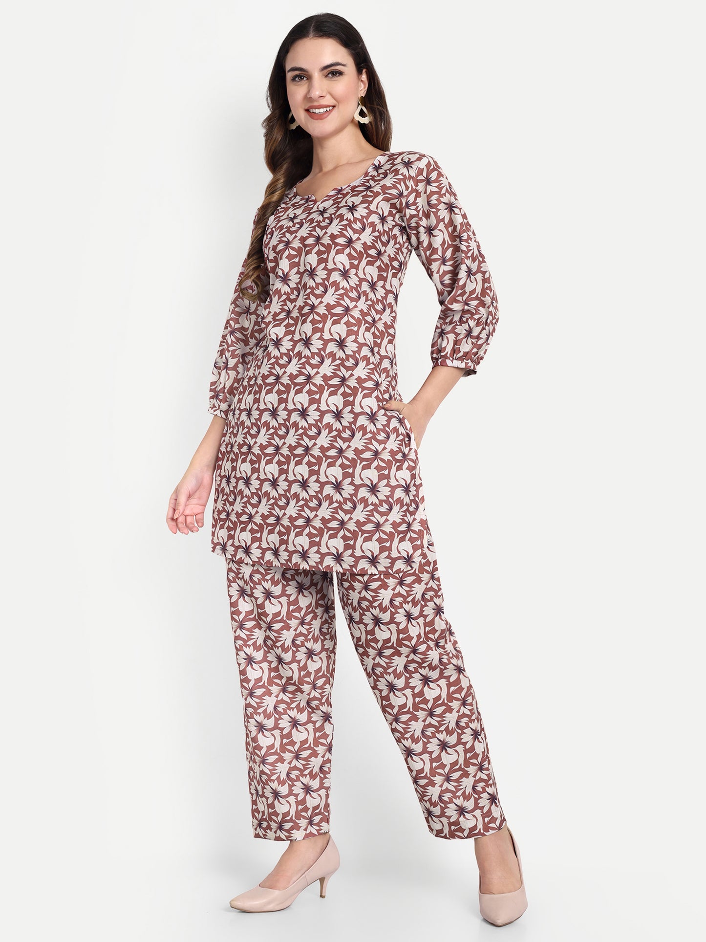 Elegant Women Co-ord Set – Stylish Matching Top & Bottom Outfit for Casual & Party Wear cocoa brown