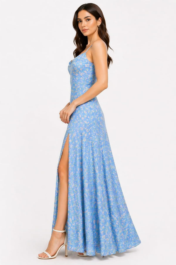 Elegant Sky Blue Floral Print Maxi Dress with Thigh Slit