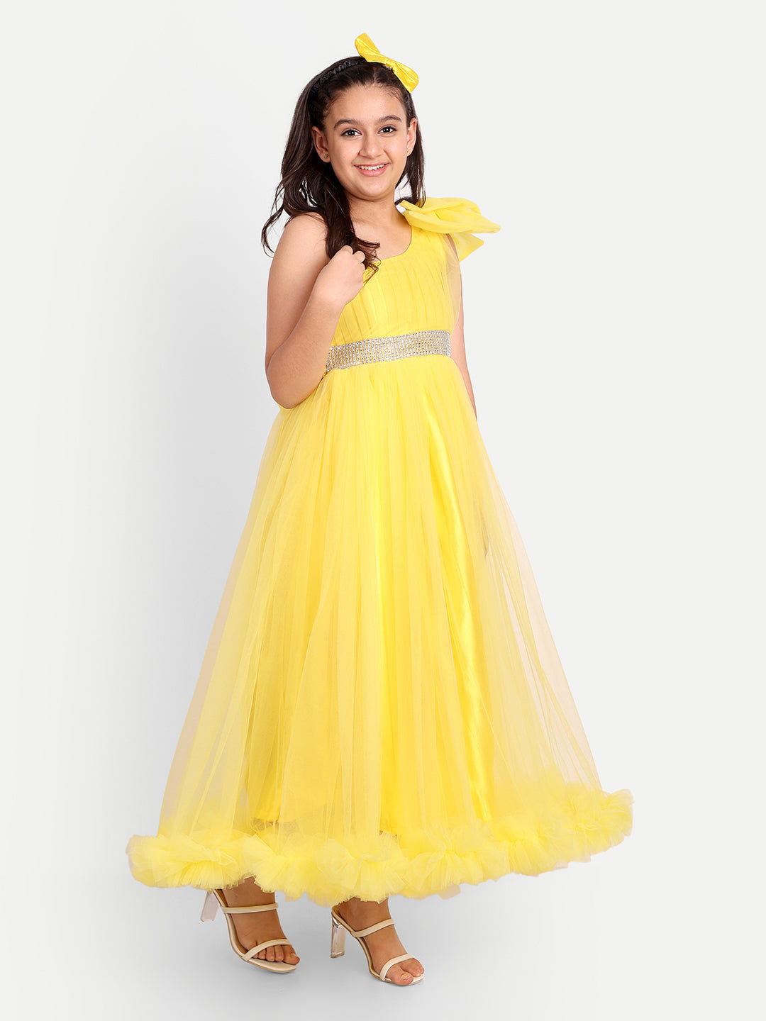 Sunny Yellow One-Shoulder Princess Gown for Girls with Net Flare