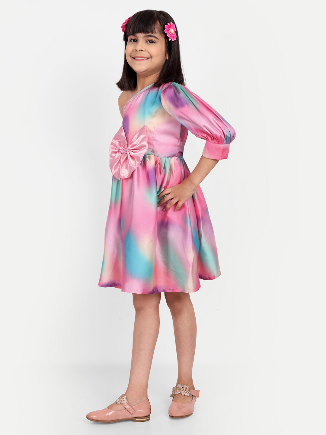 Girls Pink Tie-Dye One-Shoulder Party Dress