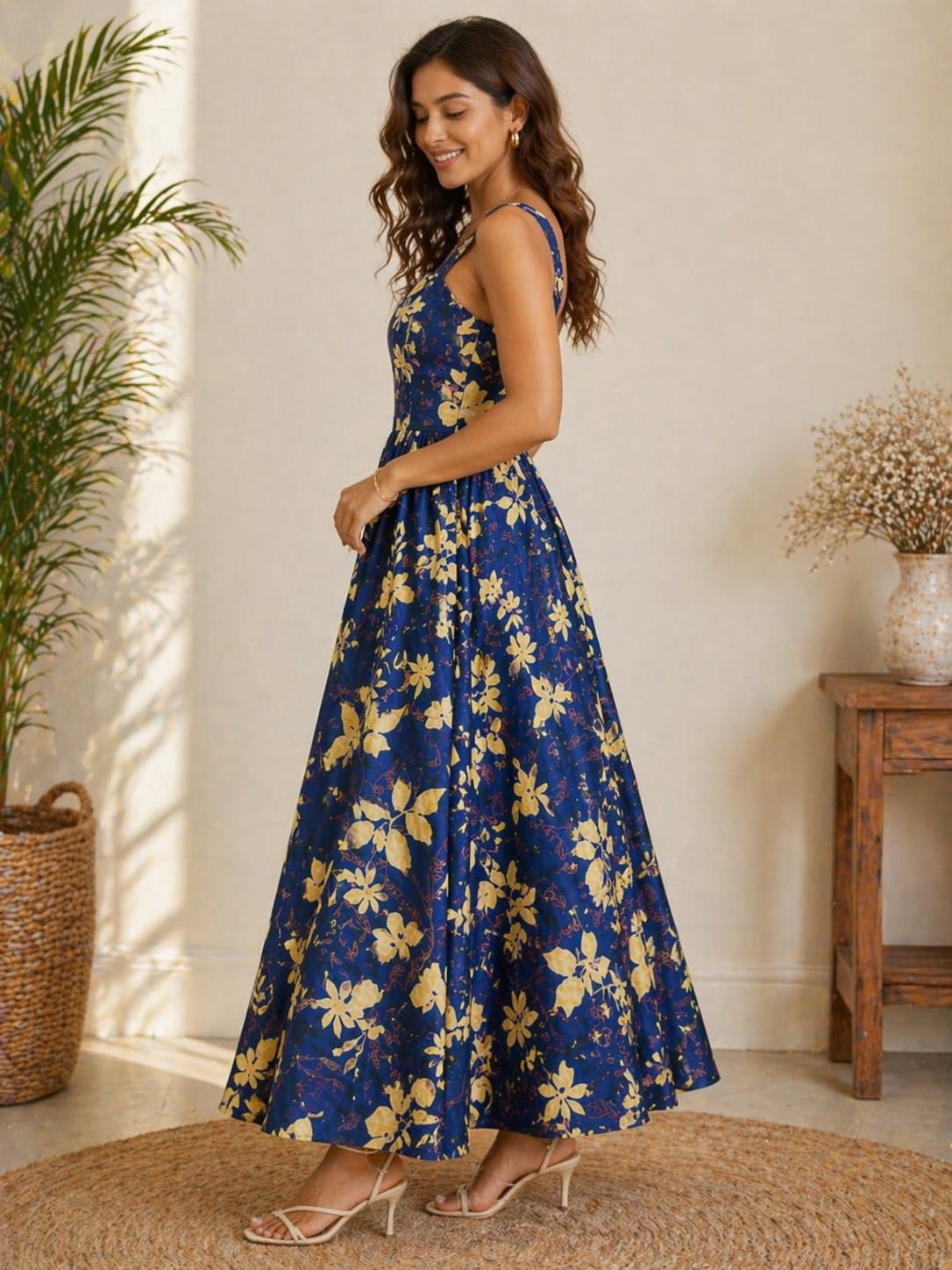 Women’s Navy Blue Floral Print Midi Maxi Dress