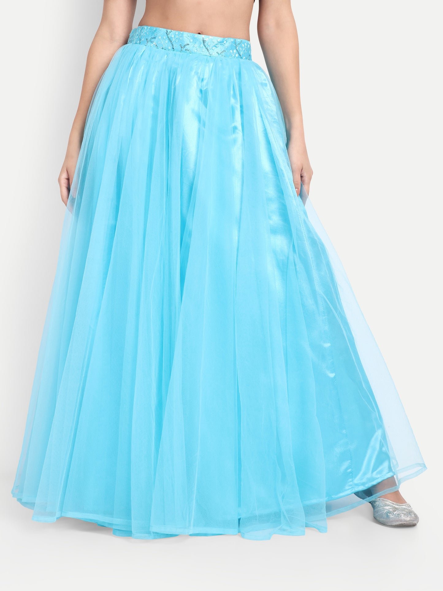 Elegant Women Flared Maxi Net Skirt blue