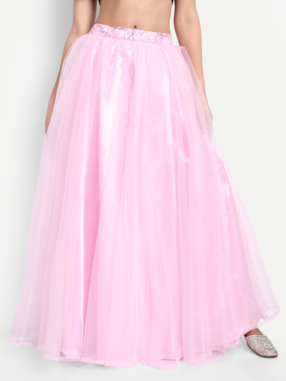Elegant Women Flared Maxi Net Skirt pink