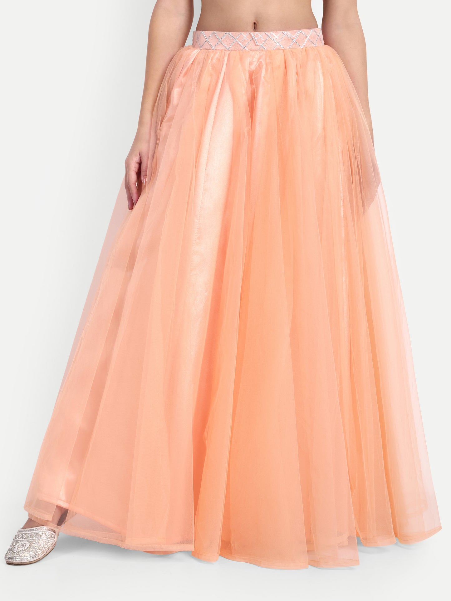 Elegant Women Flared Maxi Net Skirt peach