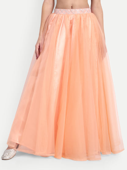 Elegant Women Flared Maxi Net Skirt peach