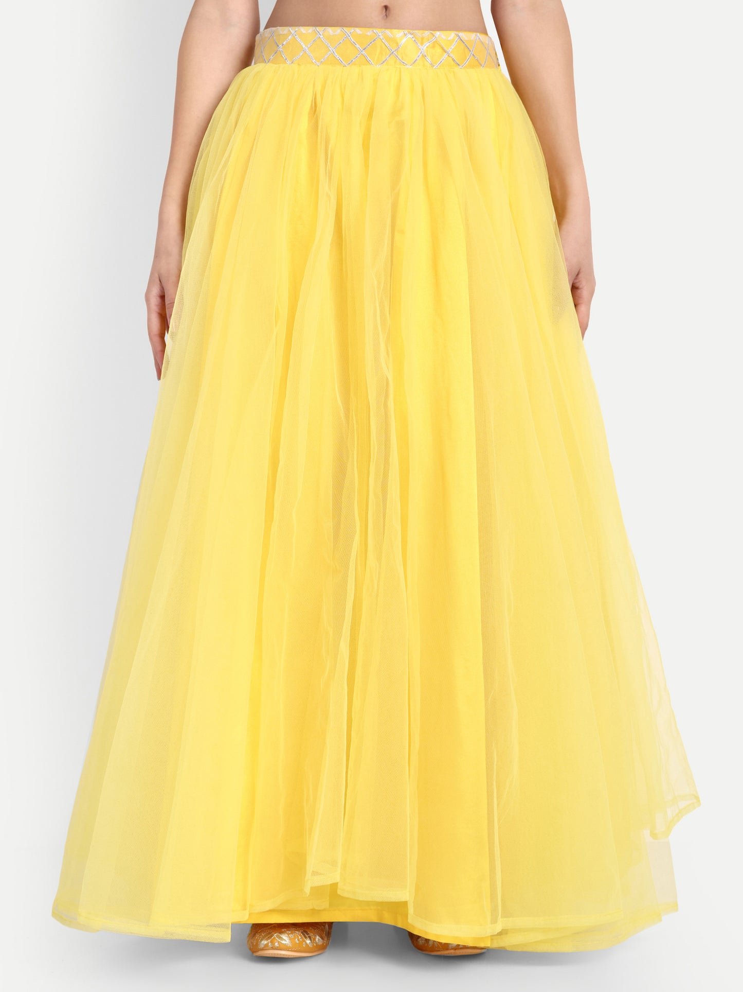 Elegant Women Flared Maxi Net Skirt yellow