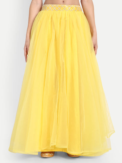 Elegant Women Flared Maxi Net Skirt yellow