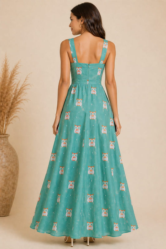 Women’s Teal Owl Print Maxi Dress with Side Slit