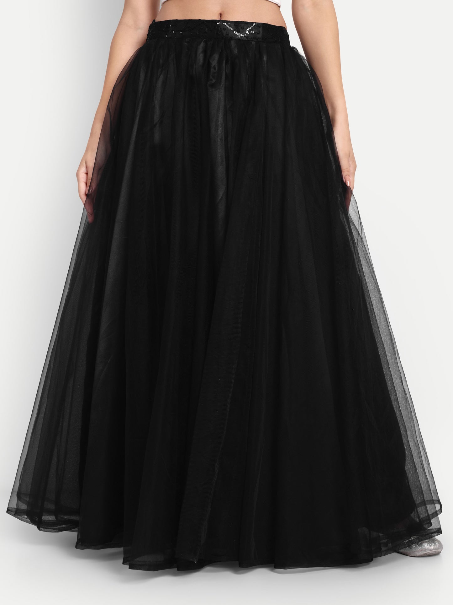 Elegant Women Flared Maxi Net Skirt black