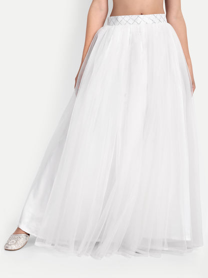 Elegant Women Flared Maxi Net Skirt white