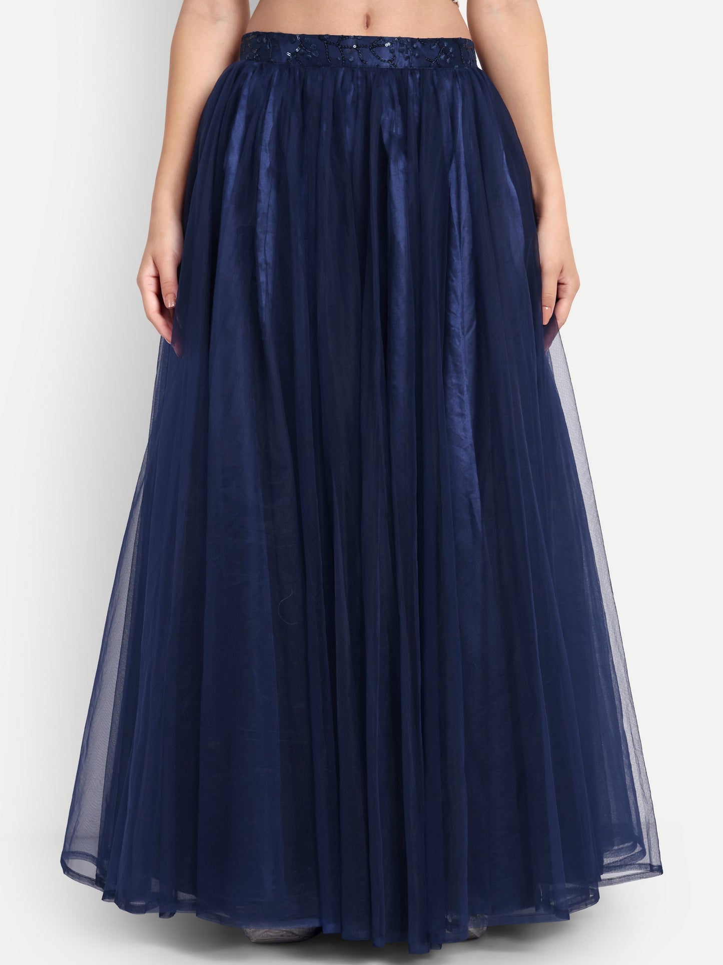 Elegant Women Flared Maxi Net Skirt navy blue